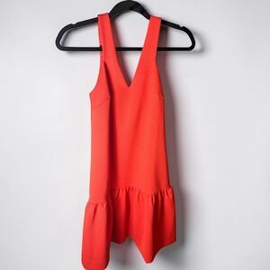 Trina Turk Coral Orange Textured Chevron V-Neck Drop Waist Ruffle Mini Dress 2